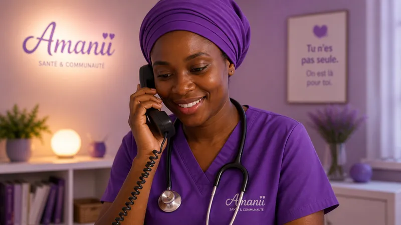Une sage-femme Amanii souriante au téléphone