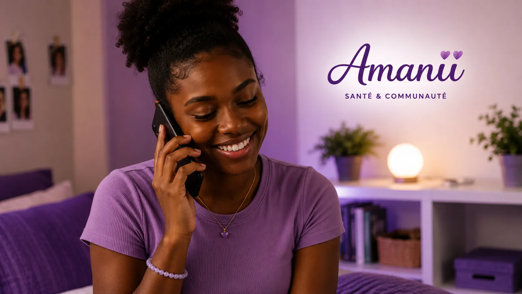 Une jeune femme sourit en parlant au téléphone avec une sage-femme Amanii